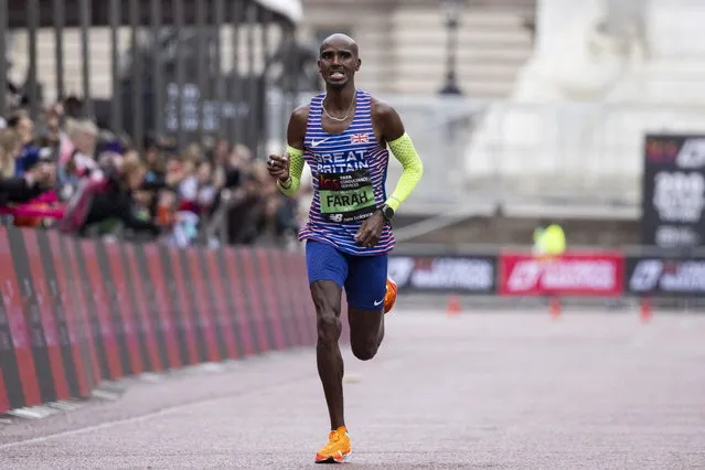 British athlete Mo Farah finishes London Marathon in London, Britain, 23 April 2023. Over 47,000 runners take part as the annual event moves back to April since it was moved to October due to Covid-19 pandemic. (Photo by Tolga Akmen/EPA)