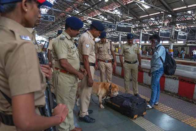 Security personnel along with a sniffer dog check the luggage of passengers at Chhatrapati Shivaji Terminus in Mumbai, India, as part of a high alert following Monday's deadly car blast in the Indian capital, Tuesday, November 11, 2025. (Photo by Rafiq Maqbool/AP Photo)