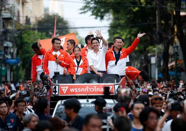 Move Forward Party's leader and prime ministerial candidate Pita Limjaroenrat (2-R) greets supporters from the top of an open-top truck during a caravan parade to thank voters after winning the general election in Bangkok, Thailand, 15 May 2023. Move Forward Party announced it will form a coalition government after leading the nationwide vote count in the general election over the allies of conservative and military-backed parties which took power since 2014. (Photo by Rungroj Yongrit/EPA/EFE/Rex Features/Shutterstock)
