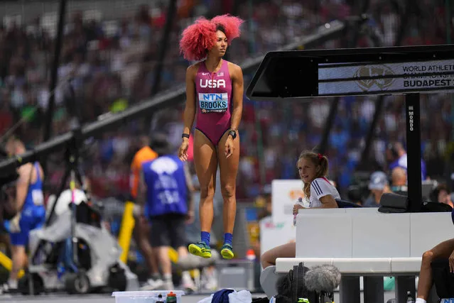 Taliyah Brooks, of the United States limbers-up as she prepares to compete in the heptathlon high jump during the World Athletics Championships in Budapest, Hungary, Saturday, August 19, 2023. (Photo by Petr David Josek/AP Photo)
