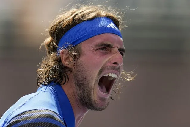 Stefanos Tsitsipas, of Greece, reacts during a match against Dominic Stricker, of Switzerland, during the second round of the U.S. Open tennis championships, Wednesday, August 30, 2023, in New York. (Photo by Manu Fernandez/AP Photo)