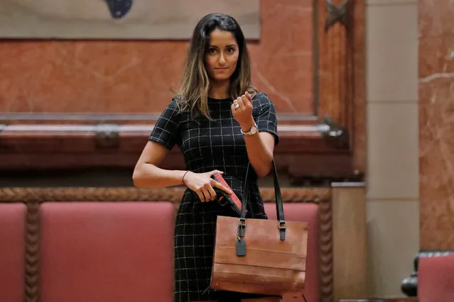 A woman models a Cameleon Hephaestus Structured handbag during the “Fashion & Firearms” concealed carry fashion show at the National Rifle Association (NRA) annual meeting in Indianapolis, Indiana, U.S., April 27, 2019. (Photo by Lucas Jackson/Reuters)