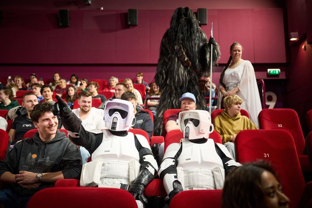 Star Wars fans dressed as stormtroopers at a cinema in The Hague, The Netherlands, 03 May 2024. A 24-hour marathon will be held in various cinemas with all nine official parts of the Star Wars series. (Photo by Phil Nijhuis/ANP via Alamy Live News)