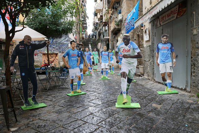 In the historic center of Naples, in the Spanish districts, the fans of the Napoli team on March 2, 2023 are preparing the celebrations for the victory of the Italian football championship. The team is 18 points clear of second in the table, on the streets flags, murals and life-size silhouettes of the players. (Photo by Fabio Sasso/Rex Features/Shutterstock)