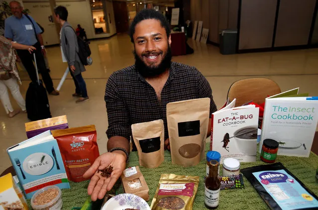 Anthony Hartinger, co-founder of Detroit Ento, a start-up turning locally sourced insects into food products, holds freeze-dried edible crickets in his hand during the “Eating Insects Detroit: Exploring the Culture of Insects as Food and Feed” conference at Wayne State University in Detroit, Michigan May 26, 2016. (Photo by Rebecca Cook/Reuters)