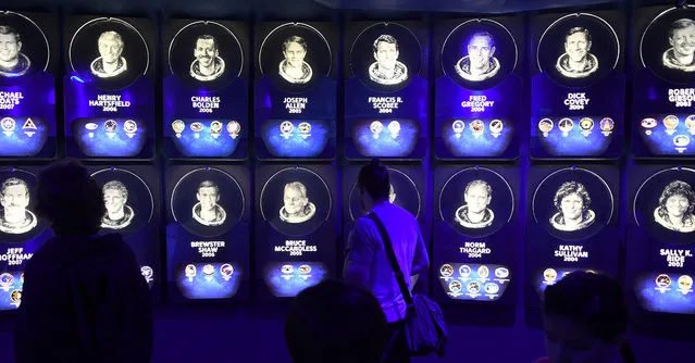 An exhibit showing those astronauts who have been inducted into the United States Astronaut Hall of Fame is seen at the Kennedy Space Center Visitor Complex on April 7, 2022 in Merritt Island, Florida. The International Day of Human Space Flight is celebrated each year on April 12, the day in 1961 when Soviet cosmonaut Yuri Gagarin became the first human to journey into outer space by orbiting the earth in the Vostok 1 capsule. (Photo by Paul Hennessy/Anadolu Agency via Getty Images)