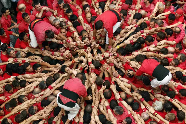 Castellers Colla Joves Xiquets de Valls start to form a human tower called “castells” during the Sant Joan festival at Plaza del Blat square in Valls, south of Barcelona June 24, 2014. (Photo by Albert Gea/Reuters)