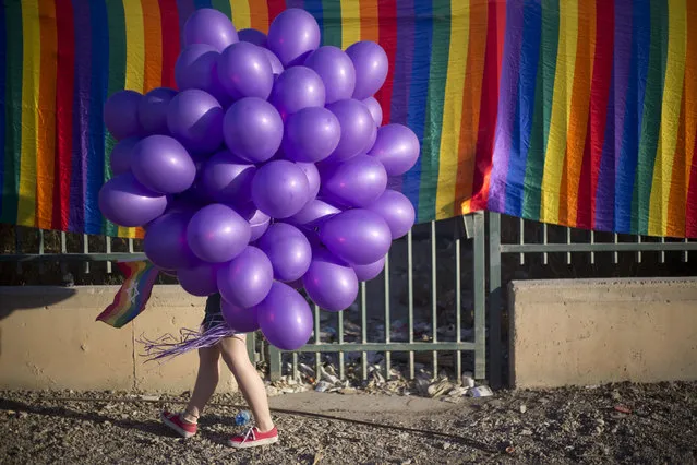 A woman holds balloons as she participates in the first Gay Pride Parade in Beersheba, Israel, Thursday, June 22, 2017. Around 3500 people marched for the first time in the Gay Pride Parade in Beersheba. (Photo by Ariel Schalit/AP Photo)