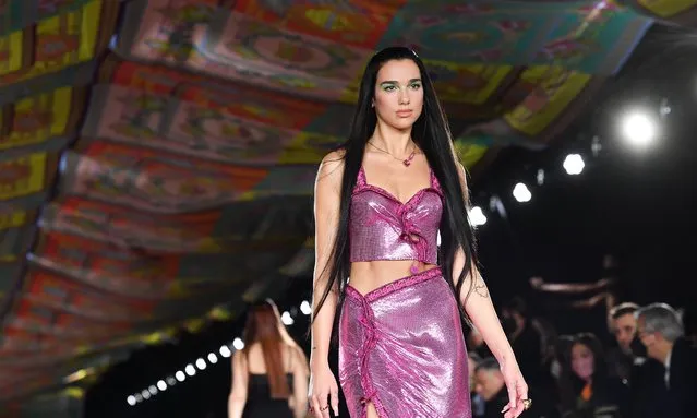 English singer, songwriter and model Dua Lipa walks the runway at the Versace fashion show during the Milan Fashion Week – Spring / Summer 2022 on September 24, 2021 in Milan, Italy. (Photo by Jacopo Raule/Getty Images)