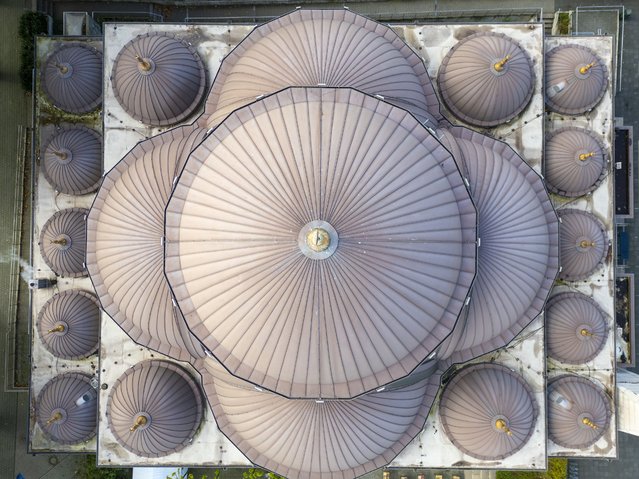 An areal view of the DITIB-Merkez-Mosque during the Open Mosque Day in Duisburg, Germany, 03 October 2024. Since 1997, 03 October has been designated as Open Mosque Day, during which numerous Islamic places of worship around Germany open their doors to the public. (Photo by Christopher Neundorf/EPA)