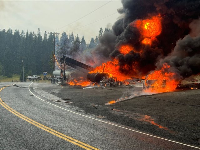 A fire burns at the gas station after an explosion on Wednesday, September 12, 2024 in Cardiff, Idaho.  (Phoot by Clearwater County Sheriff's Office via AP Photo)