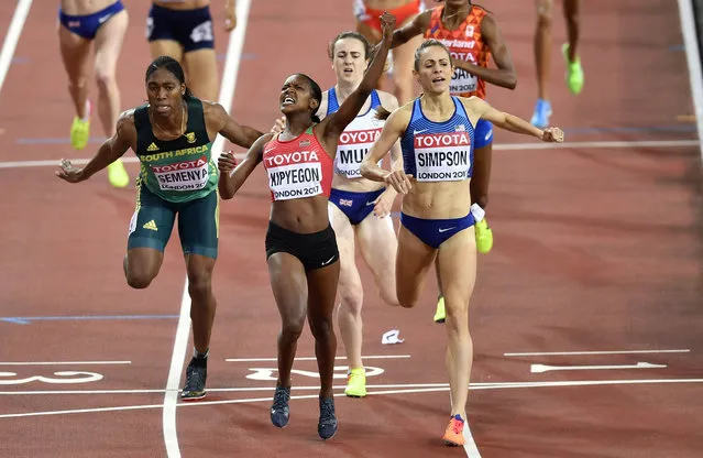 Kenya's Faith Chepngetich Kipyegon celebrates as she wins the Women's 1500 meters final at during the World Athletics Championships in London Monday, August 7, 2017. (Photo by Martin Meissner/AP Photo)