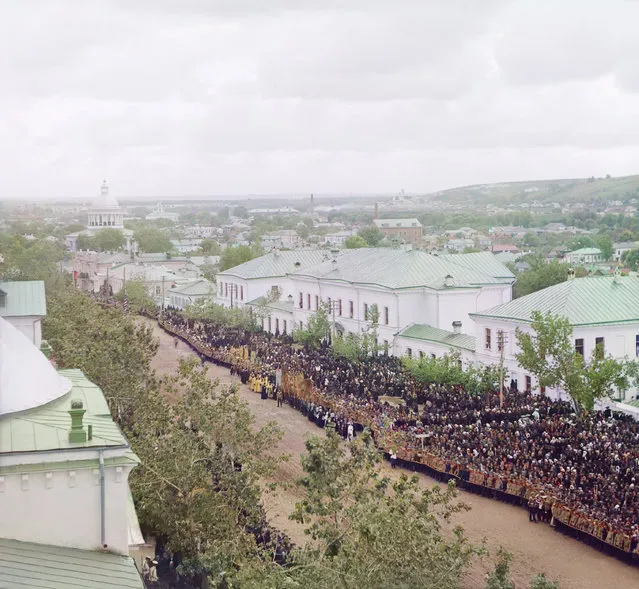 Photos by Sergey Prokudin-Gorsky. View from the bell tower of the Trinity cathedral (of the Trinity Monastery) on Cathedral Square in Belgorod, during the celebration of the canonization of Ioasaf of Belgorod, September 4, 1911. Russia, Kursk province, Belgorod town