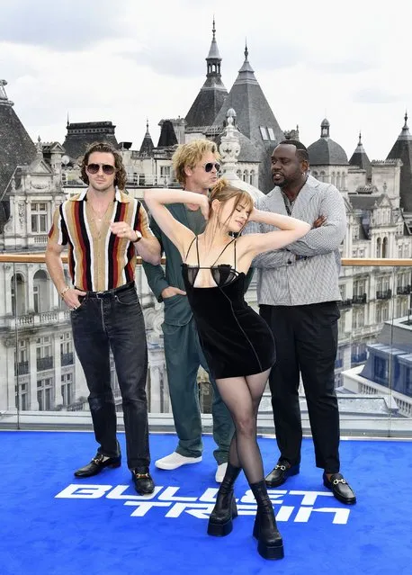 (L-R) Aaron Taylor-Johnson, Brad Pitt, Joey King and Brian Tyree Henry attend the “Bullet Train” Photocall at The Corinthia Hotel on July 20, 2022 in London, England. (Photo by Gareth Cattermole/Getty Images)