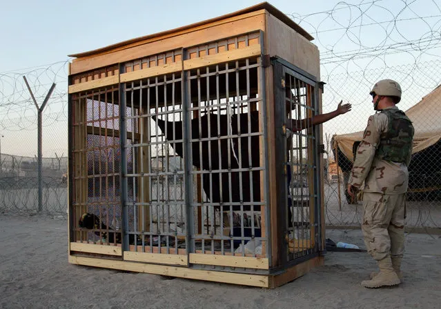 A detainee in an outdoor solitary confinement cell talks with a military policeman at the Abu Ghraib prison on the outskirts of Baghdad, Iraq Tuesday, June 22, 2004. The American soldiers said that he had repeatedly got into fights with other inmates in the prison.This photograph is one in a portfolio of twenty taken by eleven different Associated Press photographers throughout 2004 in Iraq. (Photo by John Moore/AP Photo)
