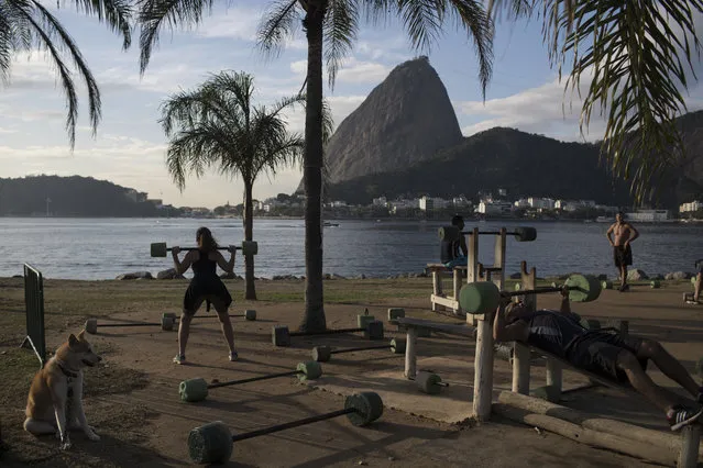 People exercise at an outdoor gym on the shores of Guanabara Bay, where sailing competitions are taking place at the 2016 Summer Olympics in Rio de Janeiro, Brazil, Thursday, August 11, 2016. (Photo by Felipe Dana/AP Photo)