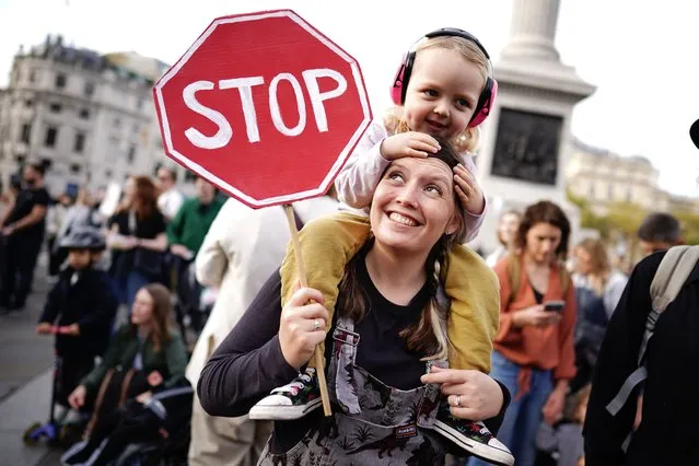 Demonstrators take part in the March of the Mummies national protest in central London on Saturday, October 29, 2022. The protest is organised by Pregnant Then Screwed to demand Government reform on childcare, parental leave and flexible working. (Photo by Aaron Chown/PA Images via Getty Images)