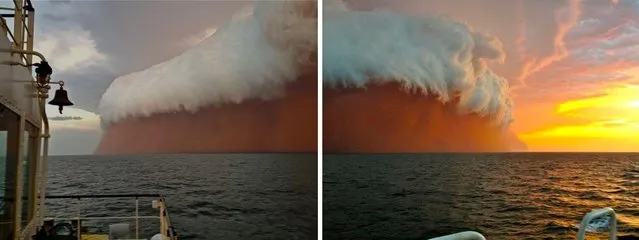 LEFT: This handout, posted by Perth Weather Live, shows a towering red dust storm over the ocean ahead of the cyclone approaching Onslow on the West Australian coast on January 9, 2013. Tug boat worker Brett Martin, who captured the fearsome pictures 25 nautical miles from the town of Onslow, reported conditions were glassy and flat before the storm hit late int he day. But when the wild weather arrived, the swell lifted to two metres, winds increased to 40 knots and visibility was reduced to 100 metres. (Photo by Perth Weather Live/Brett Martin/AFP Photo) RIGHT: A cloud formation tinged with red dust travels across the Indian Ocean near Onslow on the Western Australia coast in this handout image distributed by fishwrecked.com and taken January 9, 2013. (Photo by Brett Martin/Fishwrecked.com/Handout/Reuters)