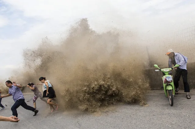 Visitors run away as waves from a tidal bore surge past a barrier on the banks of Qiantang River, under the influence of Typhoon Trami, in Hangzhou, Zhejiang province, August 23, 2013. (Photo by Reuters/Stringer)