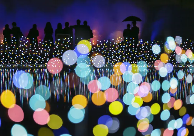 A couple under an umbrella stands in the background with other visitors attracted at an illumination show at an amusement park in Tokyo, Japan, 09 November 2015. About four millions of bulbs are used for illumination commemorating Christmas and the New Year through next mid-February. (Photo by Kimimasa Mayama/EPA)