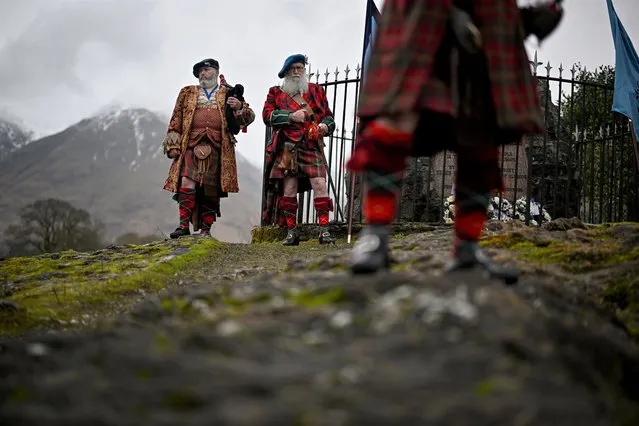 Members of The Royal Oak Society attend the Glencoe Massacre Commemoration on the 330th anniversary on February 13, 2022 in Glencoe, Scotland. The Massacre of Glencoe took place in Glencoe in the Scottish Highlands on 13 February 1692, when government forces murdered members of the clan MacDonald for failing to pledge their allegiance to monarchs William II and Mary II. (Photo by Jeff J. Mitchell/Getty Images)