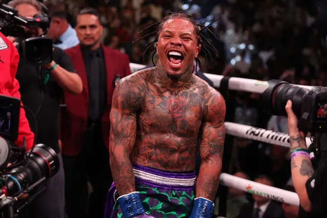 Gervonta Davis in the green and purple trunks reacts after defeating Ryan Garcia in the black trunks by knockout in the seventh round during their catchweight bout at T-Mobile Arena on April 22, 2023 in Las Vegas, Nevada. (Photo by Al Bello/Getty Images/AFP Photo)