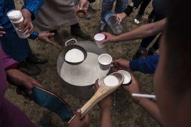 Mongolian followers of Shamanism or Buu murgul, take milk to be thrown in the air as an offering at a ceremony in the grasslands on June 21, 2018 outside Ulaanbaatar, Mongolia. (Photo by Kevin Frayer/Getty Images)