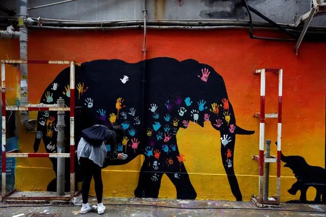 A participant makes a hand print during a campaign to raise awareness on illegal wildlife trade, in Hong Kong, China November 10, 2016. (Photo by Bobby Yip/Reuters)