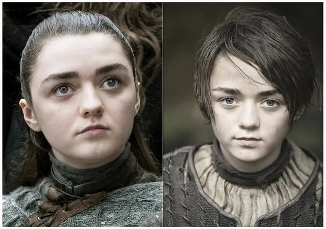 This combination photo of images released by HBO shows Maisie Williams portraying Arya Stark in “Game of Thrones”. The final season of the popular series premieres on April 14. (Photo by HBO via AP Photo)
