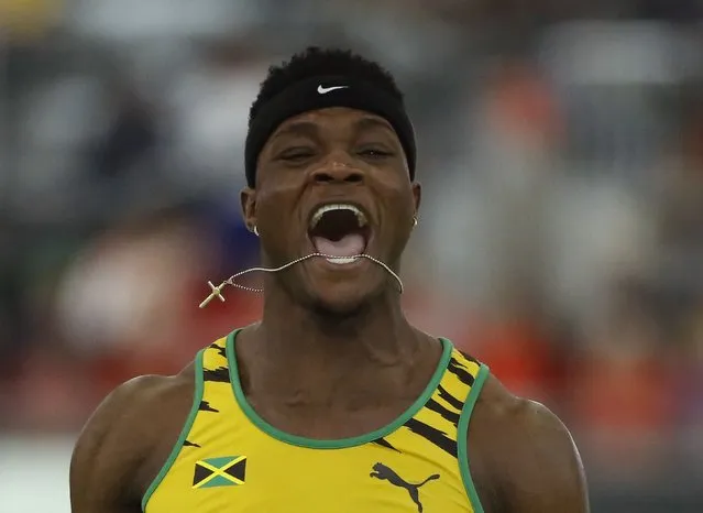 Omar McLeod of Jamaica reacts after he won the men's 60 meters hurdles final during the IAAF World Indoor Athletics Championships in Portland, Oregon March 20, 2016. (Photo by Lucy Nicholson/Reuters)