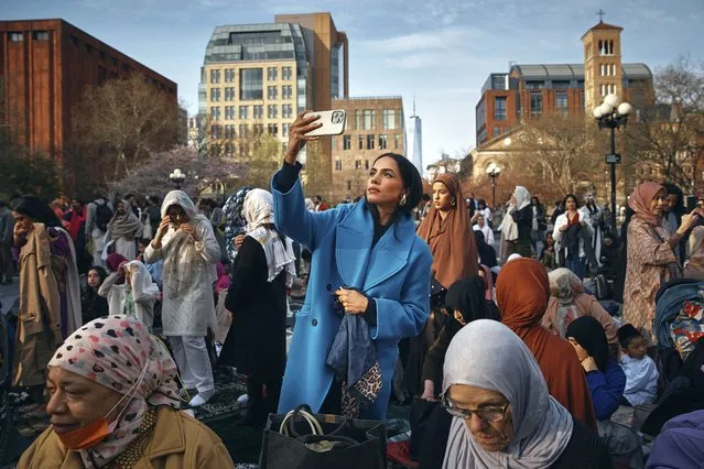 Muslims gather to perform an Eid al-Fitr prayer, marking the end of the fasting month of Ramadan at Washington Square Park on Wednesday, April 10, 2024, in New York. (Photo by Andres Kudacki/AP Photo)