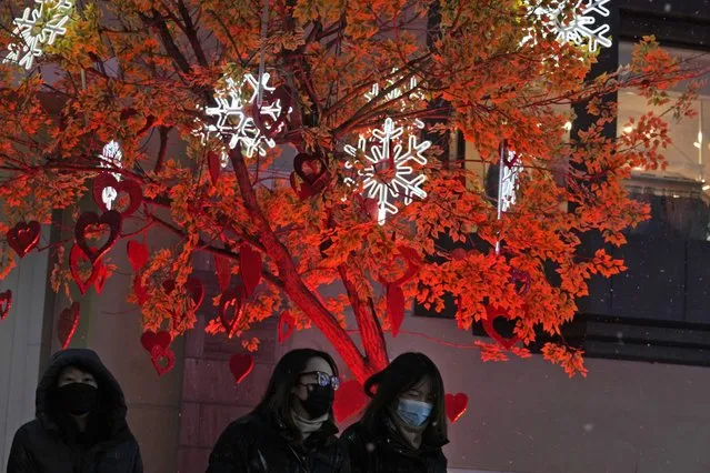 Residents wearing masks to protect from the coronavirus walks near decorative lights on a tree in Beijing, China, Thursday, January 20, 2022. The sweeping “zero-tolerance” policies that China has employed to protect its people and economy from COVID-19 may, paradoxically, make it harder for the country to exit the pandemic. (Photo by Ng Han Guan/AP Photo)