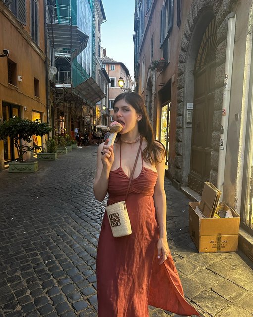 American actress Alexandria Daddario indulges in a gelato in the second decade of July 2024. (Photo by alexandriadaddario/Instagram)