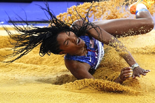 Tara Davis-Woodhall, of the United States, competes in the women's long jump final, at the 2024 Summer Olympics, Thursday, August 8, 2024, in Saint-Denis, France. (Photo by Rebecca Blackwell/AP Photo)