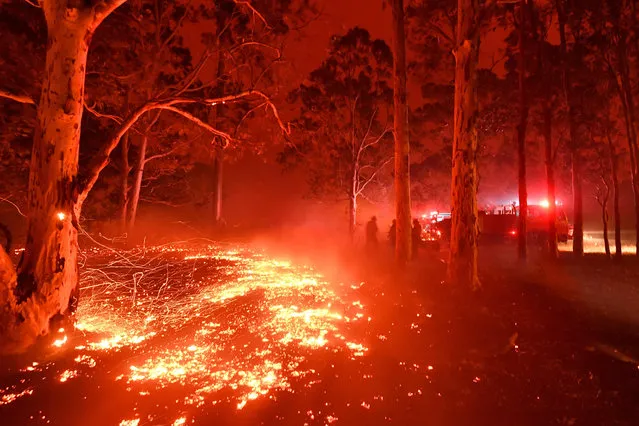 Burning embers cover the ground as firefighters (back R) battle against bushfires around the town of Nowra in the Australian state of New South Wales on December 31, 2019. Thousands of holidaymakers and locals were forced to flee to beaches in fire-ravaged southeast Australia on December 31, as blazes ripped through popular tourist areas leaving no escape by land. (Photo by Saeed Khan/AFP Photo)
