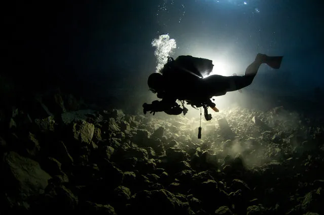 A diver holds a flashlight at the Cave of Zeus in Kusadasi district of Aydin, Turkiye on June 05, 2022. The cave was formed as a result of a sinkhole eroding a kalk formation by a subterranean river. Its base has the shape of a pool. The blue-green colored carbonated mineral water of the cave is a brackish mixture of spring water from the mountain and salty seawater. The deep pool attracts the attention of local and foreign visitors year-round for bathing and swimming. The cave is 10-15 m deep and 10-13 m wide with a length of 20 m. (Photo by Mahmut Serdar Alakus/Anadolu Agency via Getty Images)
