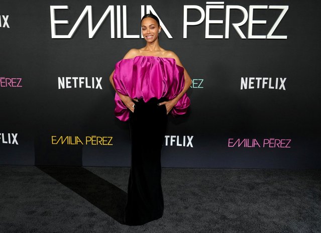 American actress Zoe Saldana arrives at the premiere of “Emilia Perez” on Monday, October 21, 2024, at The Egyptian Theatre in Los Angeles. (Photo by Jordan Strauss/Invision/AP Photo)