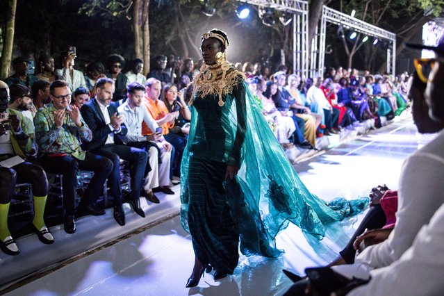 A model walks the runway during the final show of Dakar Fashion Week at Parc Hann, Dakar, December 7, 2024. (Photo by John Wessels/AFP Photo)