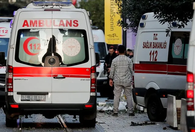 View of ambulances and police at the scene after an explosion on busy pedestrian Istiklal street in Istanbul, Turkey on November 13, 2022. (Photo by Kemal Aslan/Reuters)