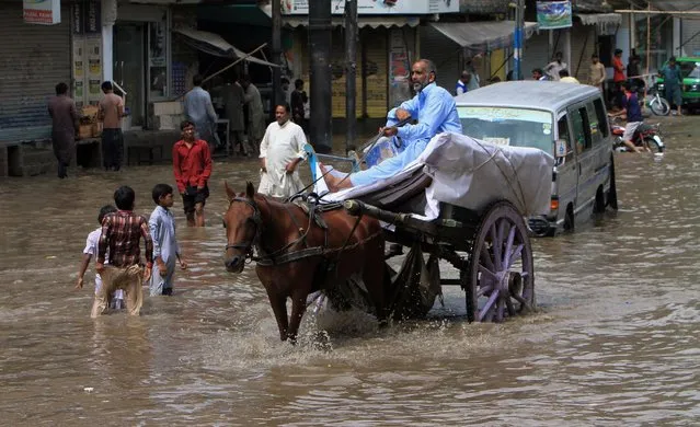 A Pakistani horse-cart owner wades through a flooded road after heavy rain fall in Lahore, Pakistan, Saturday, August 27, 2016. Heavy rain lashed Lahore causing several rain-linked accidents. (Photo by K.M. Chaudary/AP Photo)