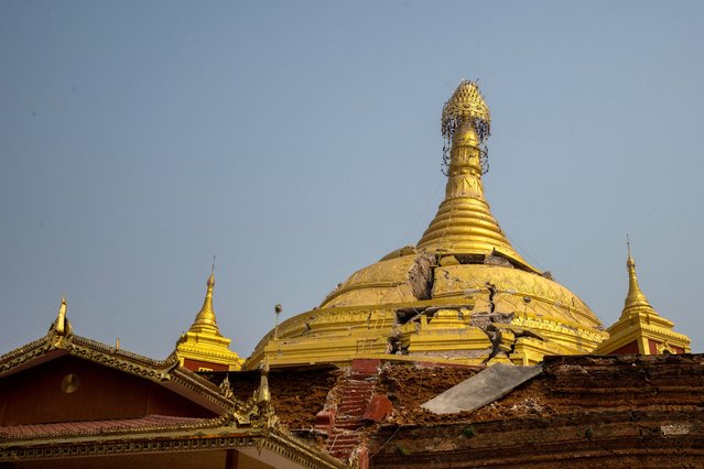 A pagoda is damaged during a strong earthquake in Mandalay, Myanmar, on March 29, 2025. (Photo by Reuters/Stringer)