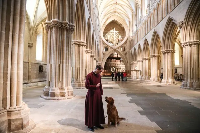 After clearing all the chairs from Wells Cathedral on January 10, 2023 after the Christmas period, to allow spring cleaning to take place, Verger George Clark together with fiancee Rebecca Toone, Basil the cat and Rupert the dog make the most of the rarely available open space. (Photo by Jason Bryant/Apex News)