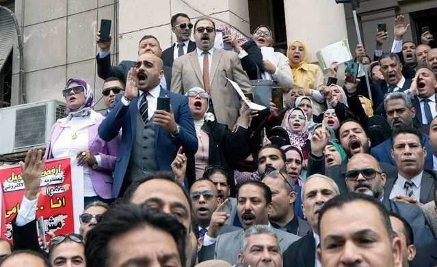 Egyptian lawyers protest in front of the Lawyers Syndicate against the Egyptian Tax Authority new electronic invoice system in Cairo, Egypt, 05 December 2022. Lawyers protest the new e-invoice system that the Egyptian Tax Authority is imposing on lawyers and other self-employed professionals saying that it increaces their costs, with increaces in taxes and fees. (Photo by Khaled Elfiqi/EPA/EFE/Rex Features/Shutterstock)