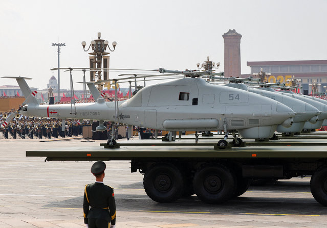 Unmanned ship-based helicopters are displayed during a military parade to mark the 80th anniversary of the end of World War Two, in Beijing, China, on September 3, 2025. (Photo by Maxim Shemetov/Reuters)