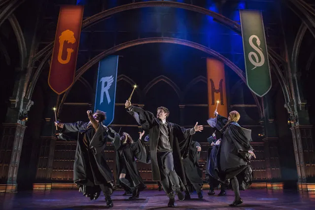 This image released by Boneau/Bryan-Brown shows a scene from the production of “Harry Potter and the Cursed Child”, in New York. Three of the plays this spring require an uncommon amount of attention. Two parts of “Angels in America” clock in at a total of eight hours, the two parts of “Harry Potter and the Cursed Child” are more than a combined five hours and the revival of “The Iceman Cometh” is just under four hours. (Photo by Matthew Murphy/Boneau/Bryan-Brown via AP Photo)