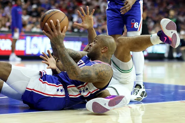 P.J. Tucker #17 of the Philadelphia 76ers and Malcolm Brogdon #13 of the Boston Celtics battle for the ball during the second quarter in game six of the Eastern Conference Semifinals in the 2023 NBA Playoffs at Wells Fargo Center on May 11, 2023 in Philadelphia, Pennsylvania. (Photo by Tim Nwachukwu/Getty Images)