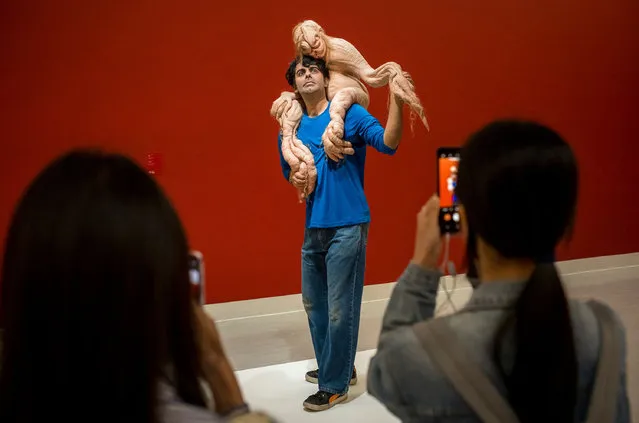 People look at The Sapling a sculpture by Patricia Piccinini during the SUPERNATURAL: Sculptural Visions of the Body exhibition in Taipei, Taiwan on May 21, 2023. The sculptures on display in the exhibition explore the future of the human body in the Anthropocene era. (Photo by Wiktor Dabkowski/ZUMA Press Wire/Rex Features/Shutterstock)