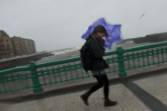 A woman struggles to walk across a bridge as the wind blows, in San Sebastian, northern Spain, Friday, January 30, 2015. Authorities have announced gale-force winds in upcoming days of up to 100 kilometers per hour (62 miles per hour). (Photo by Alvaro Barrientos/AP Photo)