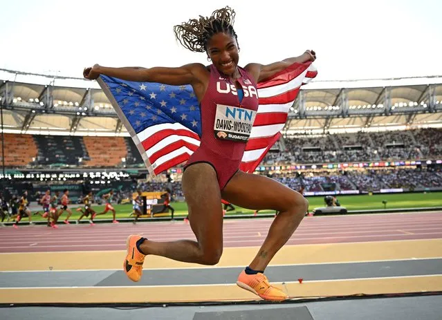 Tara Davis-Woodhall of the United States celebrates her silver medal win in the Women's Long Jump Final during the World Athletics Championships, at the National Athletics Centre on August 20th, 2023 in Budapest, Hungary. (Photo by Dylan Martinez/Reuters)