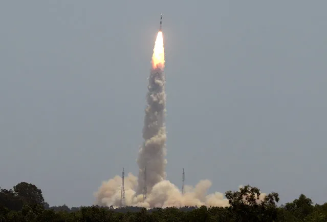 India's PSLV-C57 blasts off carrying the Aditya-L1 spacecraft from the Satish Dhawan Space Centre at Sriharikota, India on September 2, 2023. (Photo by Reuters/Stringer)